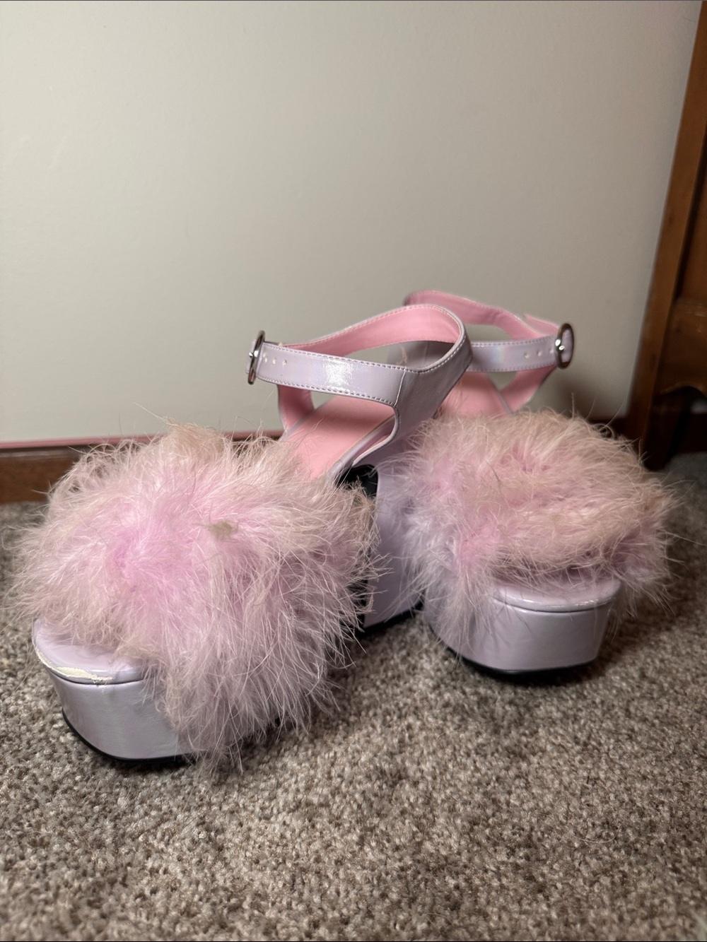 Sugar Thrillz Pink Faux Fur Platform Sandals with Ankle Strap - Picture 3 of 4